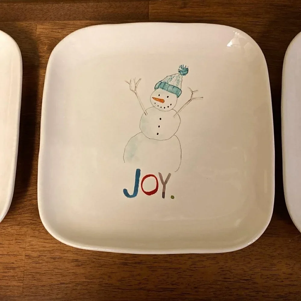 EUC Rae Dunn JOY Snowman Ceramic Plates Set of 3
